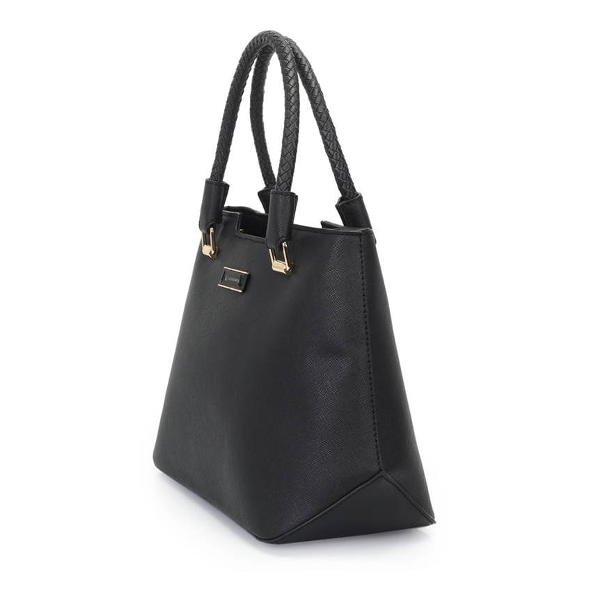 Bolsa feminina preta WJ modelo 46105 vista lateral mostrando formato trapezoidal
